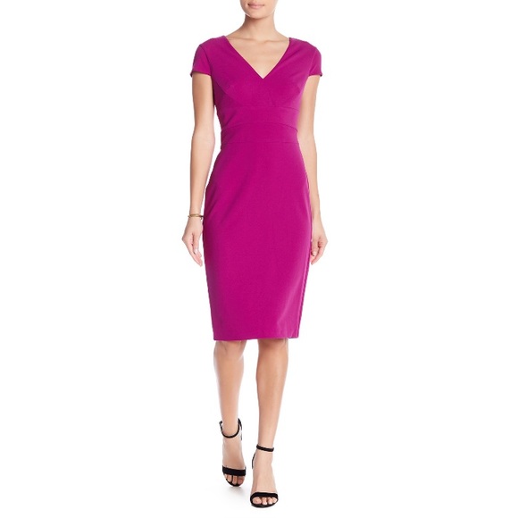 NWOT Donna Morgan Cap Sleeve Crep Sheath Dress in Black Vneck MIDI - Picture 3 of 9